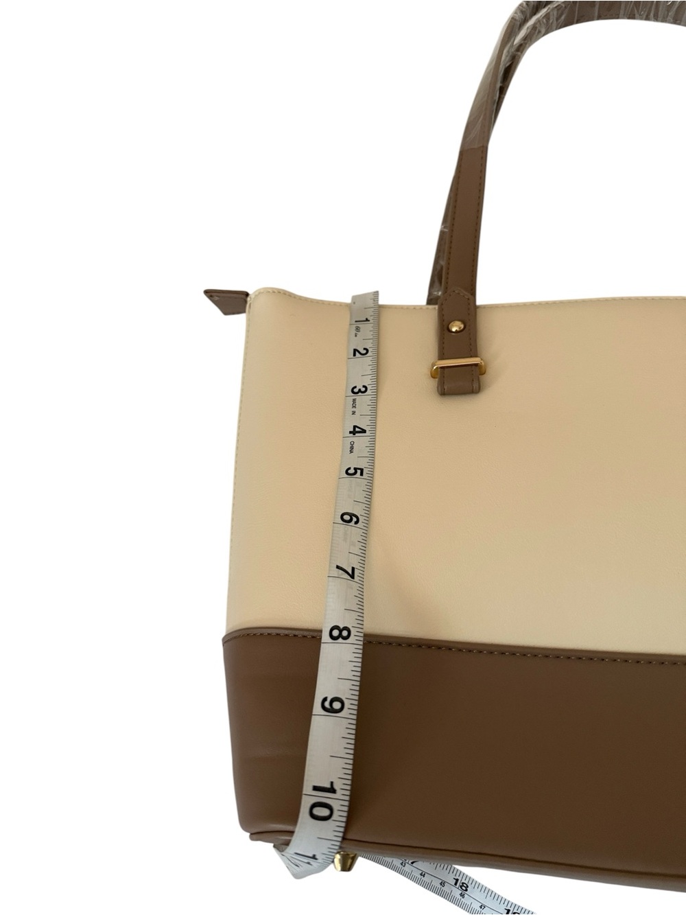 Loulu Elegant Two-Tone Cream /Taupe Structured Tote Bag,faux leather ,15”x10”x5” - Picture 8 of 10